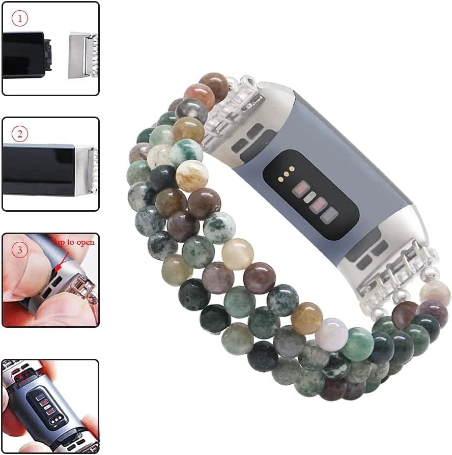 C&L Accessories Compatible with Fitbit Charge 3 Charge 4 Bands, Handmade Feminine Stretch Natural Stone Beaded Adjustable Bracelet Band for Women Girls (Indian Agate)