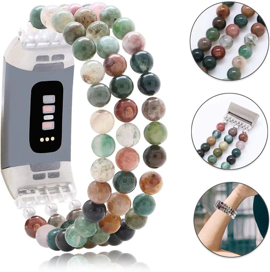 C&L Accessories Compatible with Fitbit Charge 3 Charge 4 Bands, Handmade Feminine Stretch Natural Stone Beaded Adjustable Bracelet Band for Women Girls (Indian Agate)