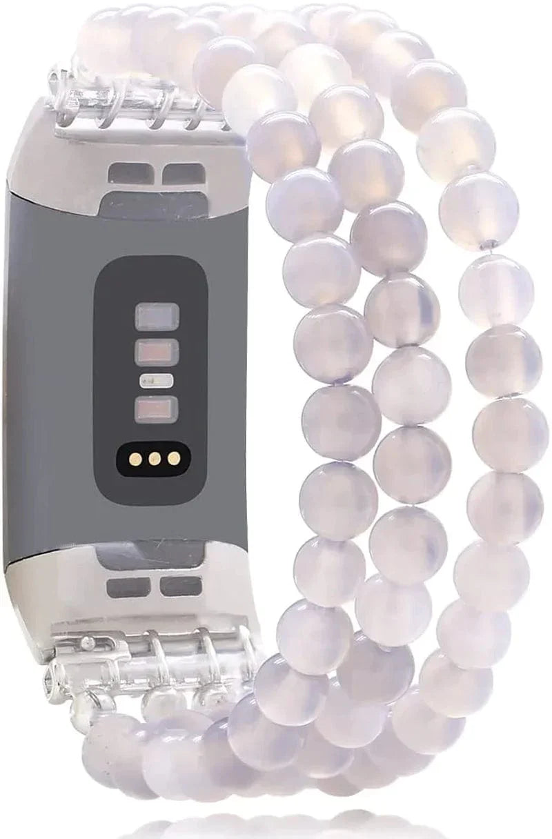 C&L Accessories Compatible with Fitbit Charge 3 Charge 4 Bands, Handmade Feminine Stretch Natural Stone Beaded Adjustable Bracelet Band for Women Girls (Indian Agate)
