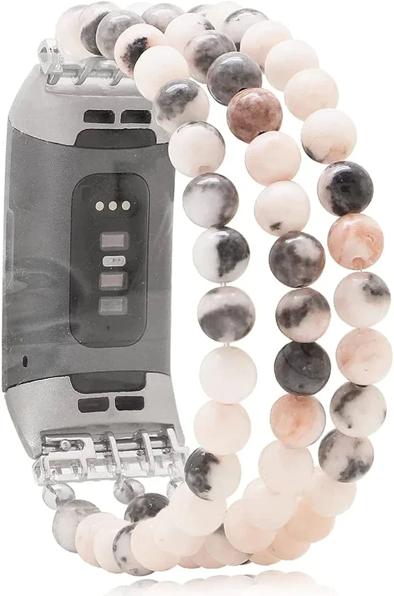 C&L Accessories Compatible with Fitbit Charge 3 Charge 4 Bands, Handmade Feminine Stretch Natural Stone Beaded Adjustable Bracelet Band for Women Girls (Indian Agate)