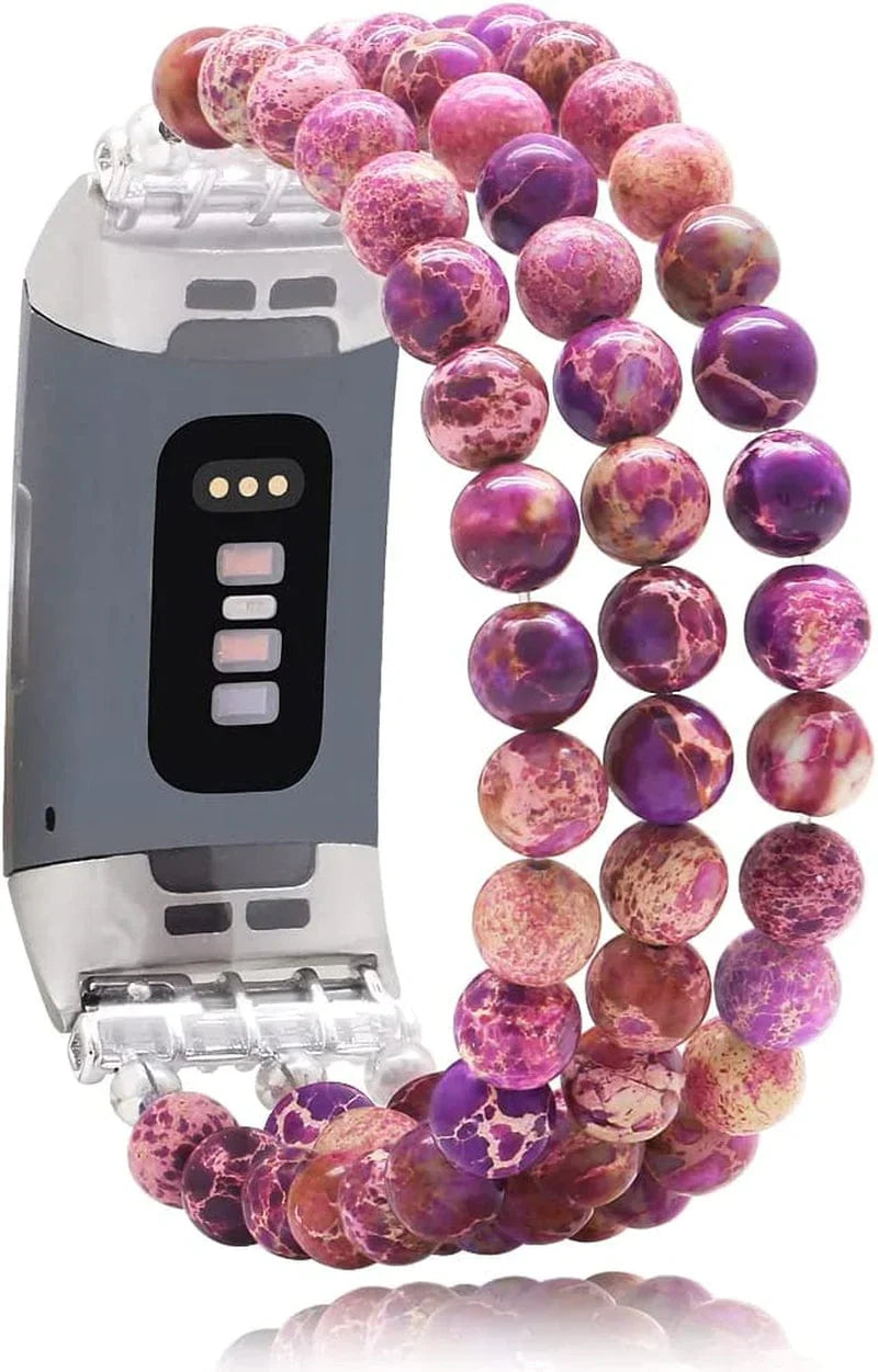 C&L Accessories Compatible with Fitbit Charge 3 Charge 4 Bands, Handmade Feminine Stretch Natural Stone Beaded Adjustable Bracelet Band for Women Girls (Indian Agate)