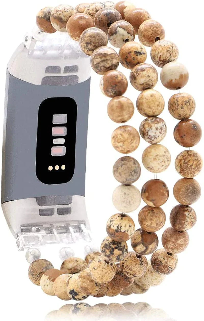 C&L Accessories Compatible with Fitbit Charge 3 Charge 4 Bands, Handmade Feminine Stretch Natural Stone Beaded Adjustable Bracelet Band for Women Girls (Indian Agate)