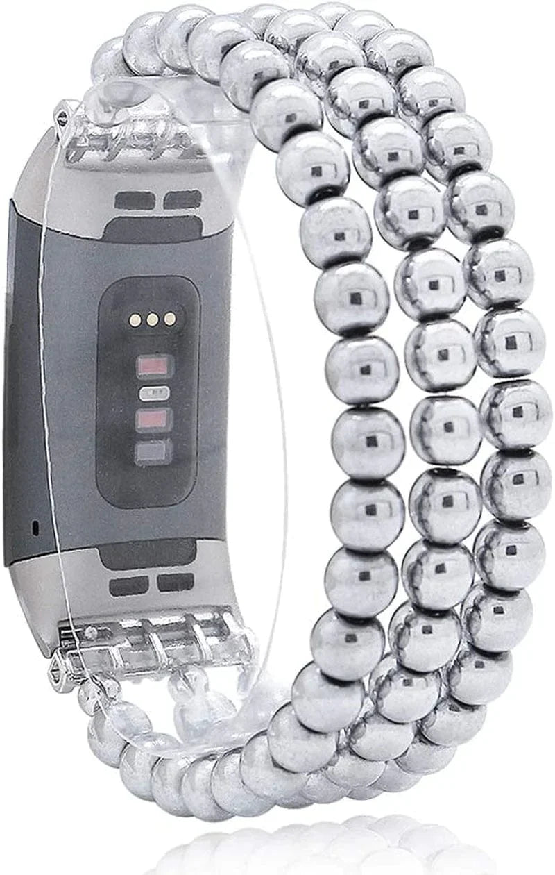 C&L Accessories Compatible with Fitbit Charge 3 Charge 4 Bands, Handmade Feminine Stretch Natural Stone Beaded Adjustable Bracelet Band for Women Girls (Indian Agate)