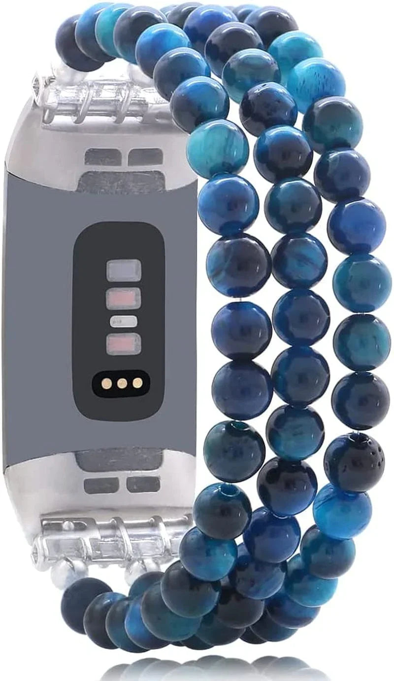 C&L Accessories Compatible with Fitbit Charge 3 Charge 4 Bands, Handmade Feminine Stretch Natural Stone Beaded Adjustable Bracelet Band for Women Girls (Indian Agate)