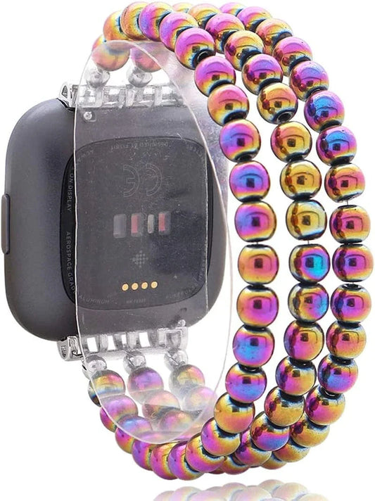C&L Accessories Replacement Bands Compatible with Fitbit Versa 2 Bands Versa Bands/Versa Lite Bands, Unique Handmade Beaded Hematite Bracelet Band for Women (Rainbow Color)