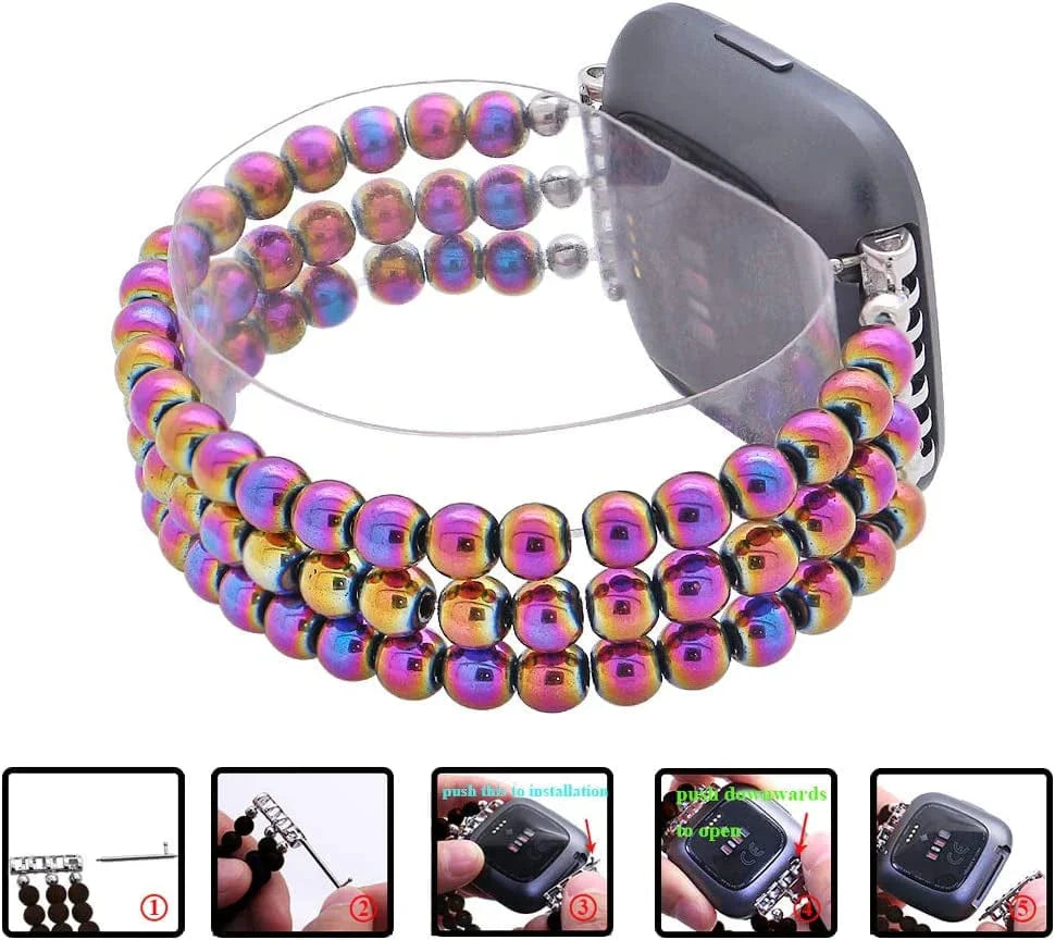 C&L Accessories Replacement Bands Compatible with Fitbit Versa 2 Bands Versa Bands/Versa Lite Bands, Unique Handmade Beaded Hematite Bracelet Band for Women (Rainbow Color)
