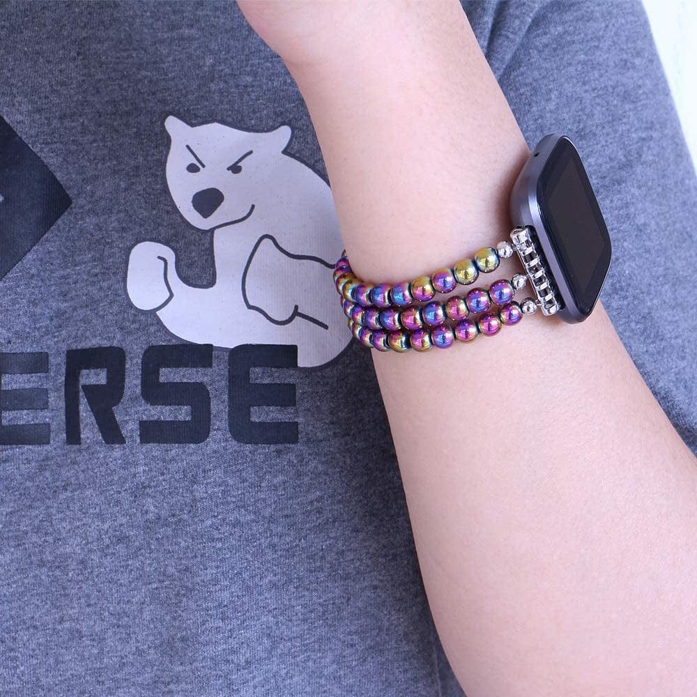 C&L Accessories Replacement Bands Compatible with Fitbit Versa 2 Bands Versa Bands/Versa Lite Bands, Unique Handmade Beaded Hematite Bracelet Band for Women (Rainbow Color)