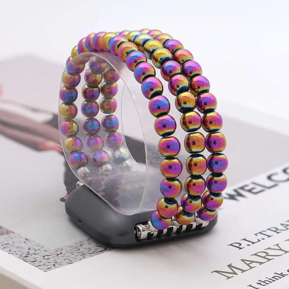 C&L Accessories Replacement Bands Compatible with Fitbit Versa 2 Bands Versa Bands/Versa Lite Bands, Unique Handmade Beaded Hematite Bracelet Band for Women (Rainbow Color)