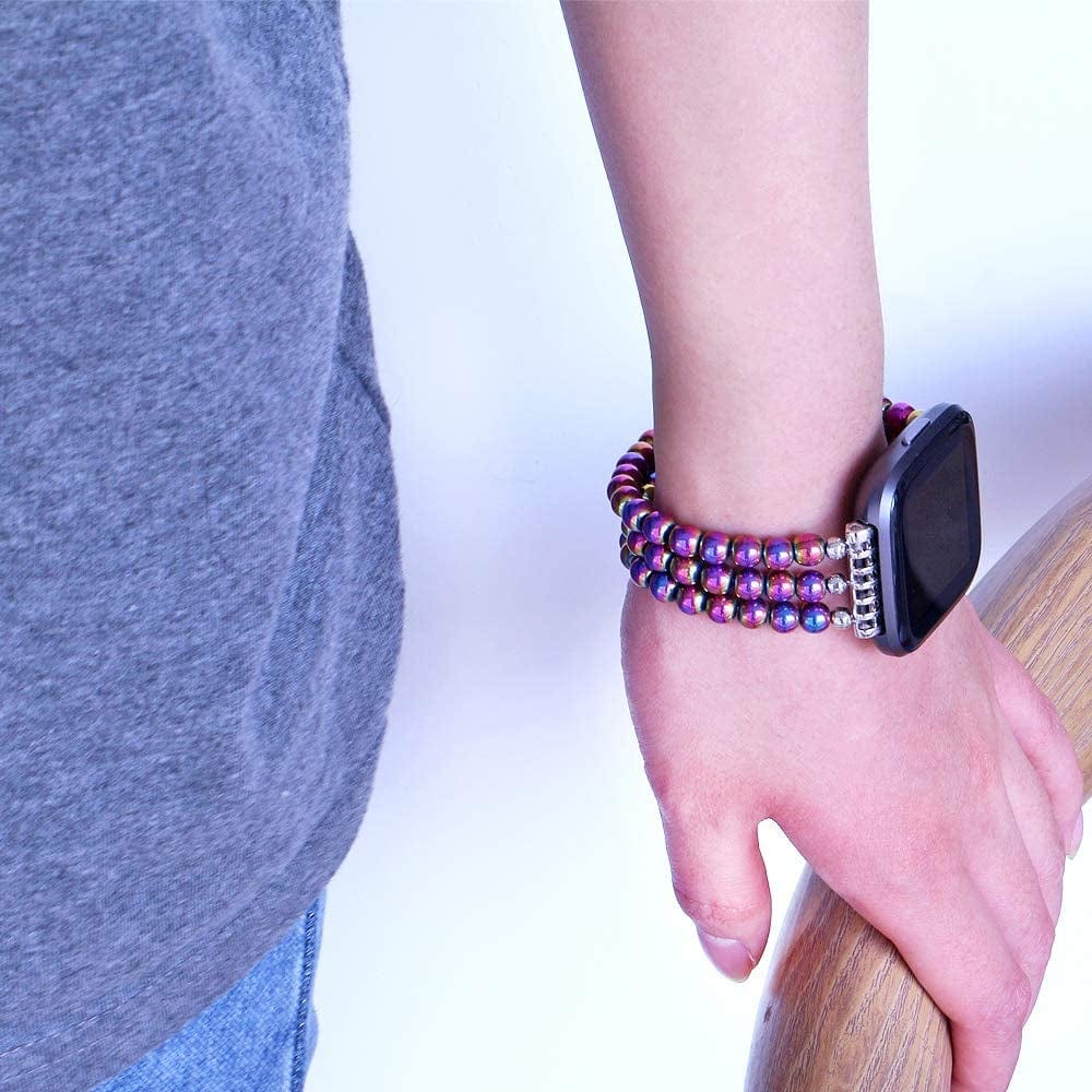 C&L Accessories Replacement Bands Compatible with Fitbit Versa 2 Bands Versa Bands/Versa Lite Bands, Unique Handmade Beaded Hematite Bracelet Band for Women (Rainbow Color)