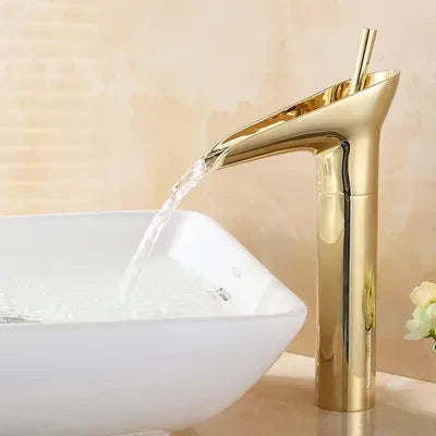 gold single lever vessel waterfall bathroom sink