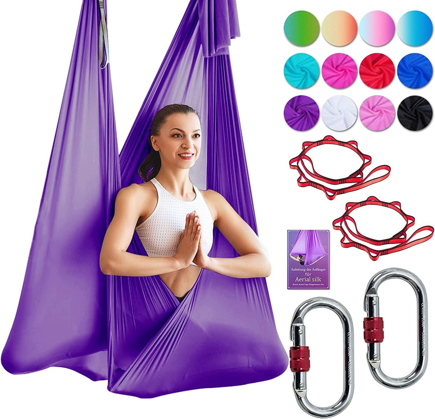 DASKING Deluxe 5M/Set Yoga Swing Aerial Yoga Hammock Kit with Daisy Chains O-Ring, Fabric & Guide