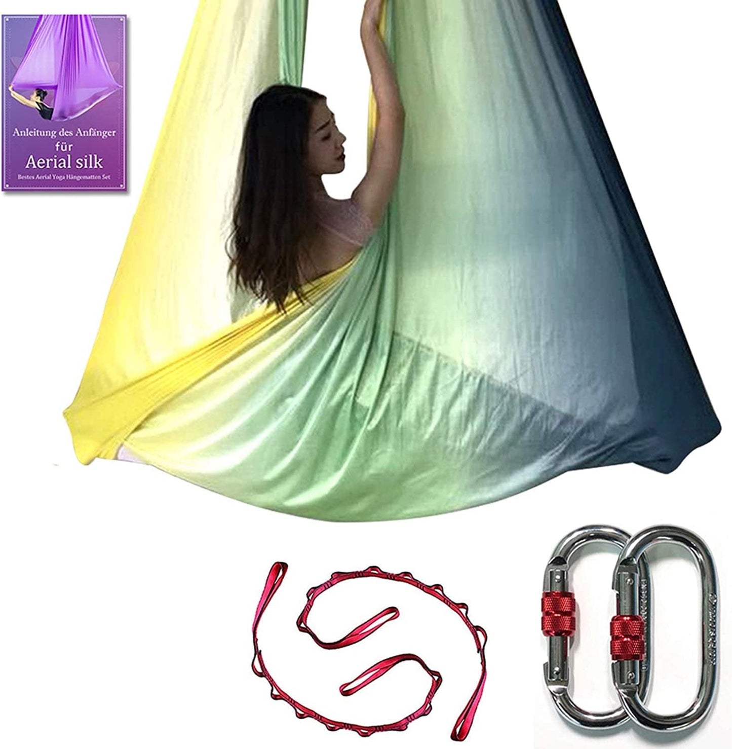 DASKING Deluxe 5M/Set Yoga Swing Aerial Yoga Hammock Kit with Daisy Chains O-Ring, Fabric & Guide
