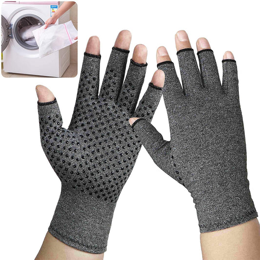 Compression Arthritis Gloves Fingerless Hand Wrist Support Rheumatoid Therapy Joint Pain Relief for Men & Women - Grey (Small) 1 Pair with Laundry Bag
