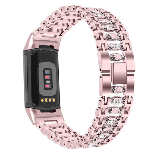 Eieuuk Metal Band Compatible with Fitbit Charge 5 Accessory Jewelry Bling Diamond Rhinestone Stainless Steel Candy Style Replacement Wristband Strap Bracelet, Rose Pink (Ocharge5Wbgdtg1414)
