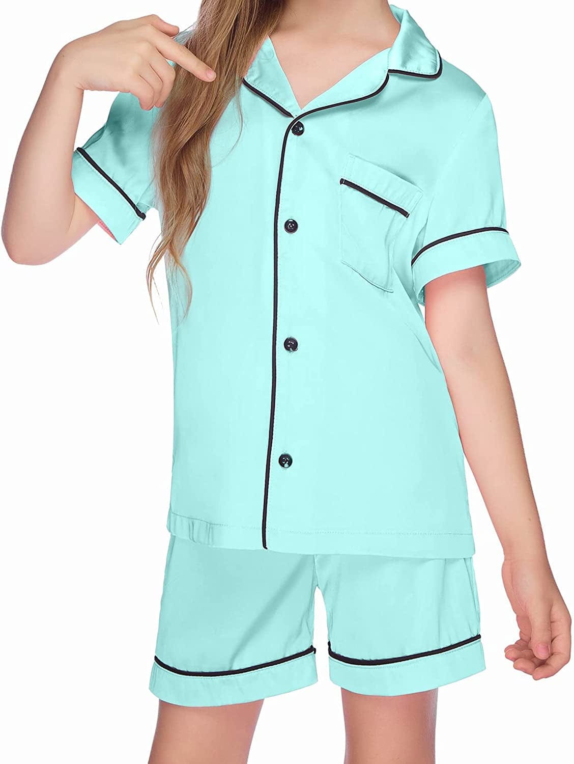 Ekouaer Boys Girls Satin Pajamas Set Silk Pjs Short Sleeve Kids 2 Piece Sleepwear Button-Down Nightwear(4-12T)