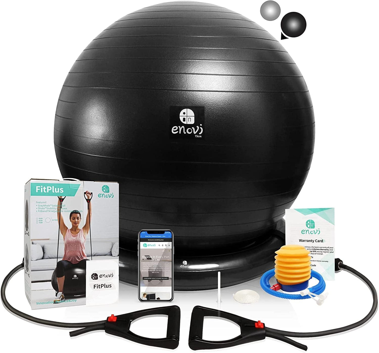 ENOVI Fit+ Ball Chair, Yoga Ball Exercise Ball with Adjustable Resistance Bands and Ring Base, Home Gym Workout Set, Stability Ball & Balance Ball Seat to Relieve Back Pain, Multiple Color Size
