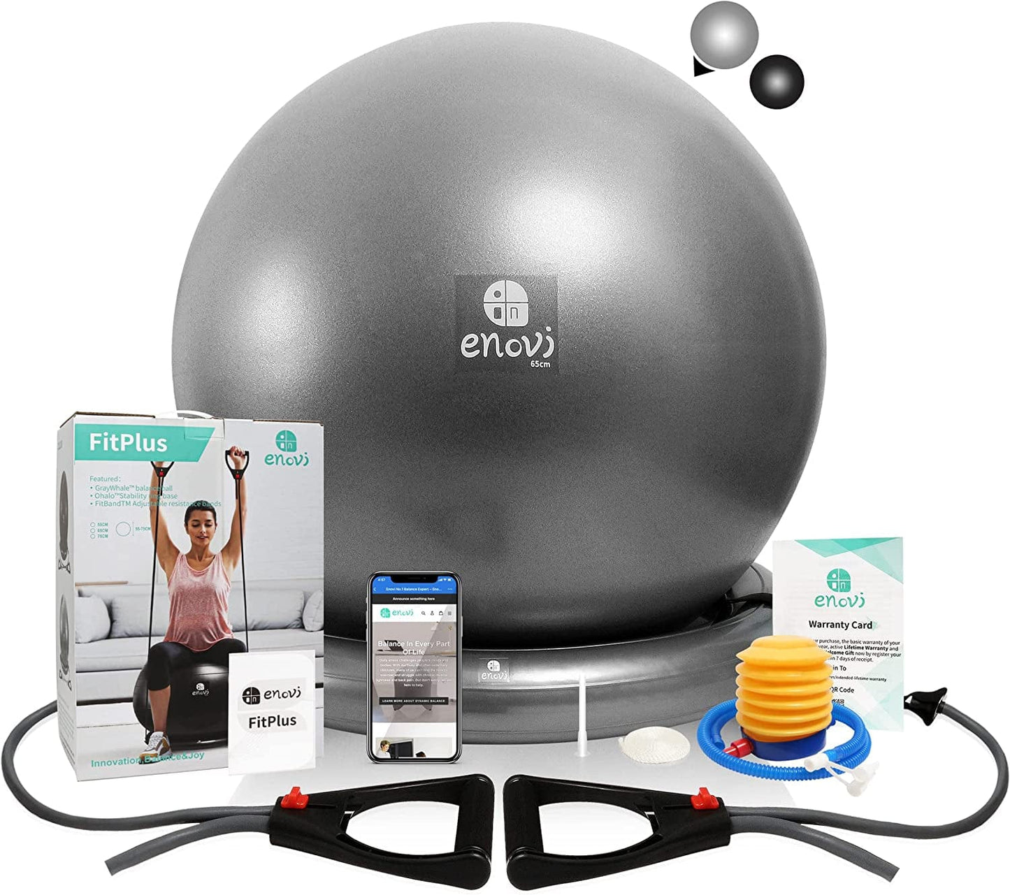 ENOVI Fit+ Ball Chair, Yoga Ball Exercise Ball with Adjustable Resistance Bands and Ring Base, Home Gym Workout Set, Stability Ball & Balance Ball Seat to Relieve Back Pain, Multiple Color Size