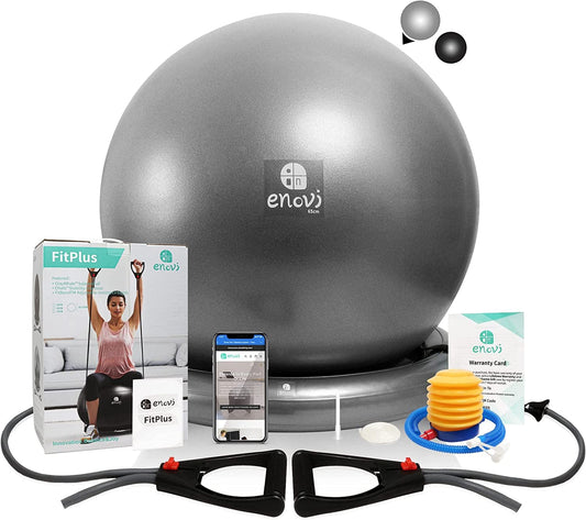 ENOVI Fit+ Ball Chair, Yoga Ball Exercise Ball with Adjustable Resistance Bands and Ring Base, Home Gym Workout Set, Stability Ball & Balance Ball Seat to Relieve Back Pain, Multiple Color Size