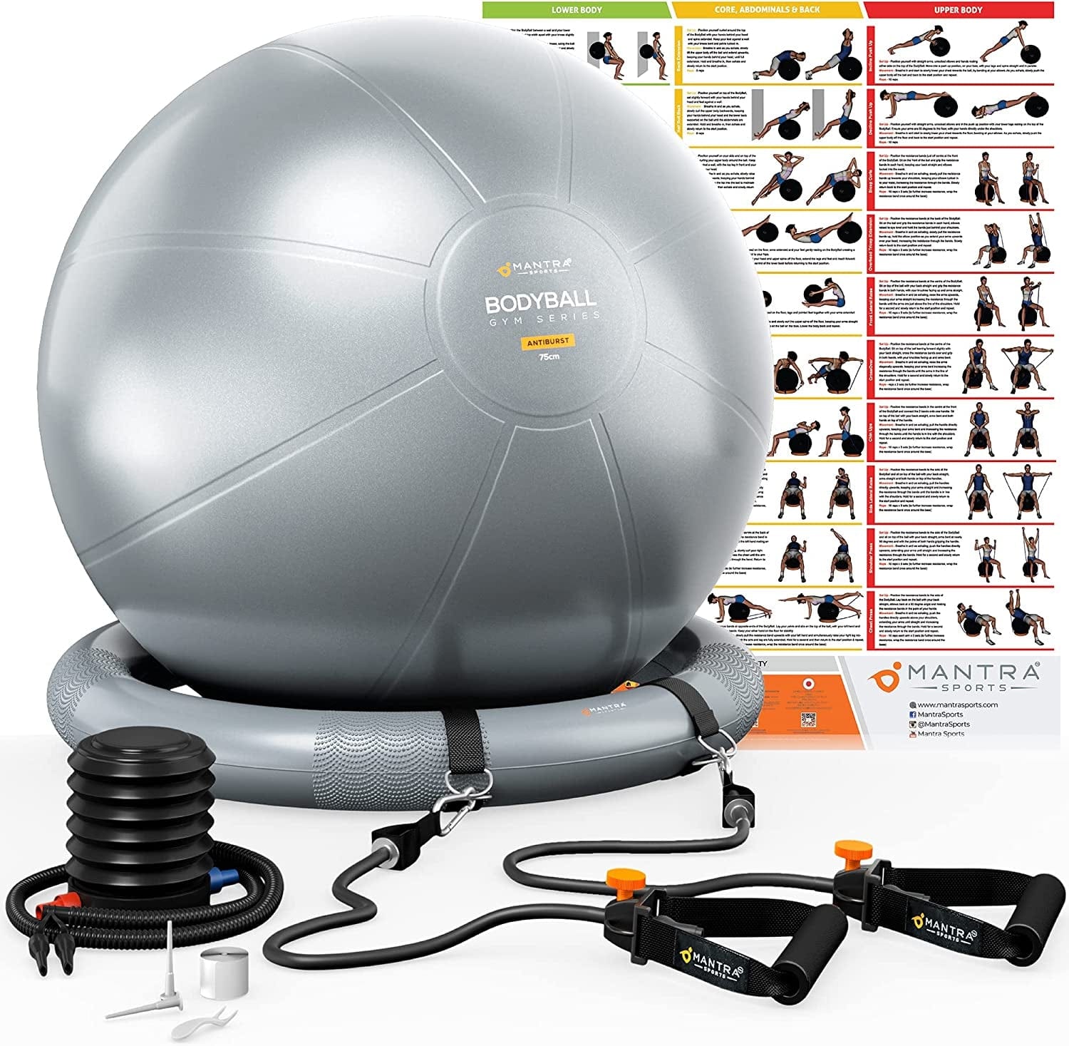 Exercise Ball Chair, Yoga Ball Chair with Resistance Bands, Pregnancy Ball with Stability Base & Poster. Balance Ball Chair Pilates Ball for Fitness, Home Gym, Physio, Birthing, Office & Working Out