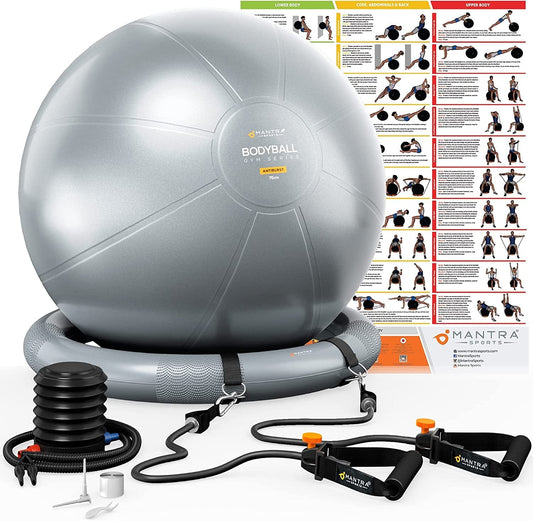 Exercise Ball Chair, Yoga Ball Chair with Resistance Bands, Pregnancy Ball with Stability Base & Poster. Balance Ball Chair Pilates Ball for Fitness, Home Gym, Physio, Birthing, Office & Working Out