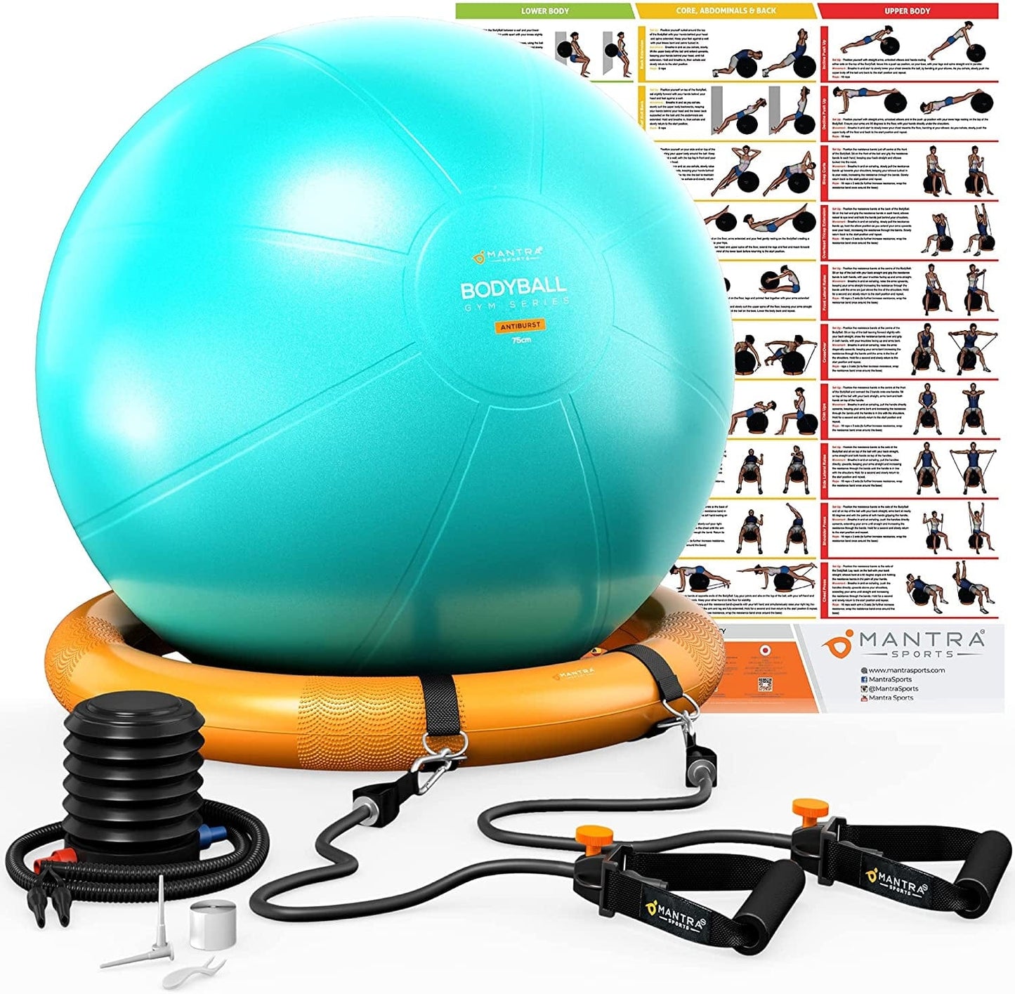 Exercise Ball Chair, Yoga Ball Chair with Resistance Bands, Pregnancy Ball with Stability Base & Poster. Balance Ball Chair Pilates Ball for Fitness, Home Gym, Physio, Birthing, Office & Working Out