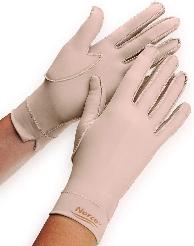 Norco Mild Compression Full Finger Glove. Indications - Arthritis Pain, Edema, Swelling, Mobility. outside Seams for Comfort. Soft, Silky, Stretchy Fabric for Warmth. Left Small over the Wrist