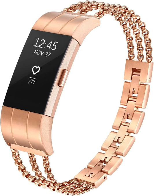 Fastgo Compatible for Fitbit Charge 2 Bands, Premium Stainless Steel Metal Replacement Watch Smart Fitness Tracker Wrist Strap Compatible for Charge 2 HR Adjustable Accessory (Gold)