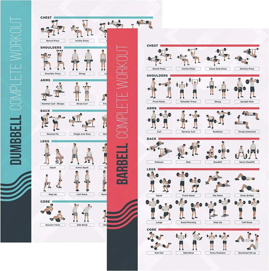Fitmate Dumbbell and Barbell Workout Exercise Poster, 2-Pack, Workout Routine with Free Weights, Home Gym Decor, Room Guide