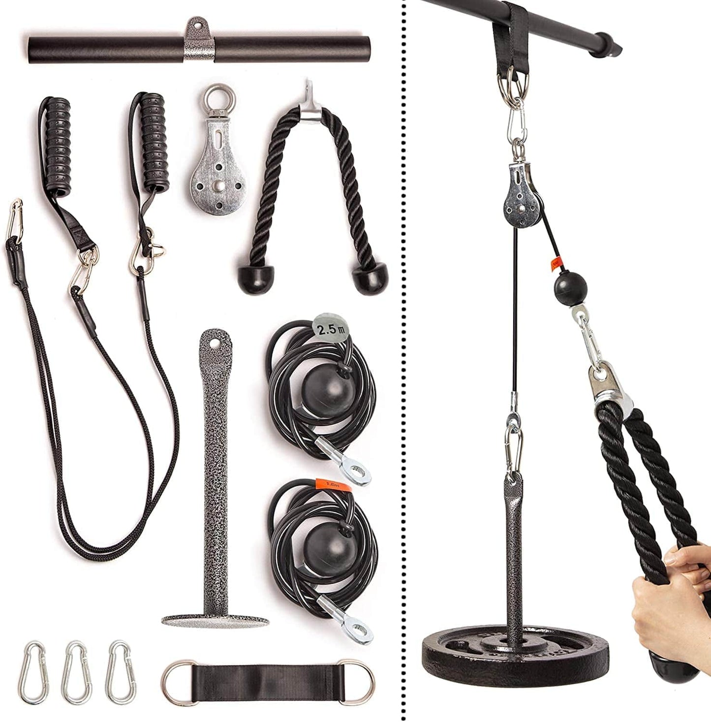 Fitty Max Fitness Cable Pulley System Gym. at Home Cable Machine Exercise Pulley Wheel with (3X) Rope, Bar, and Chest Handles Attachments for LAT Pull Down, Cable Crossover, Tricep, Biceps and More!