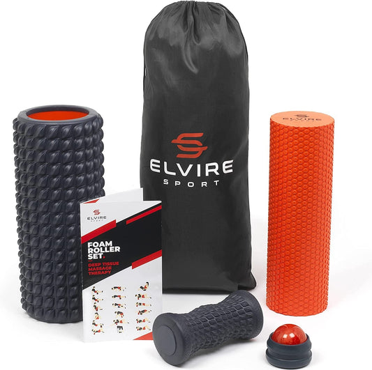 Foam Roller for Physical Therapy | Deep Tissue Muscle Roller Set - Includes: Back Roller X2, Massage Roller, Massage Ball, Foot Roller - Foam Roller for Back, Neck, Feet & Leg Roller | ELVIRE SPORT