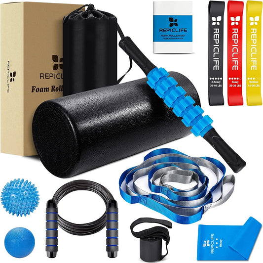 Foam Roller Set,13 in 1,Muscle Roller, Muscle Roller Stick,Massage Ball,Solid Ball,Yoga Strap,Resistance Band,Door Anchor,Jump Rope,3 Loop Bands,User Manual,Storage Bag,For Back Pain Relief & Therapy