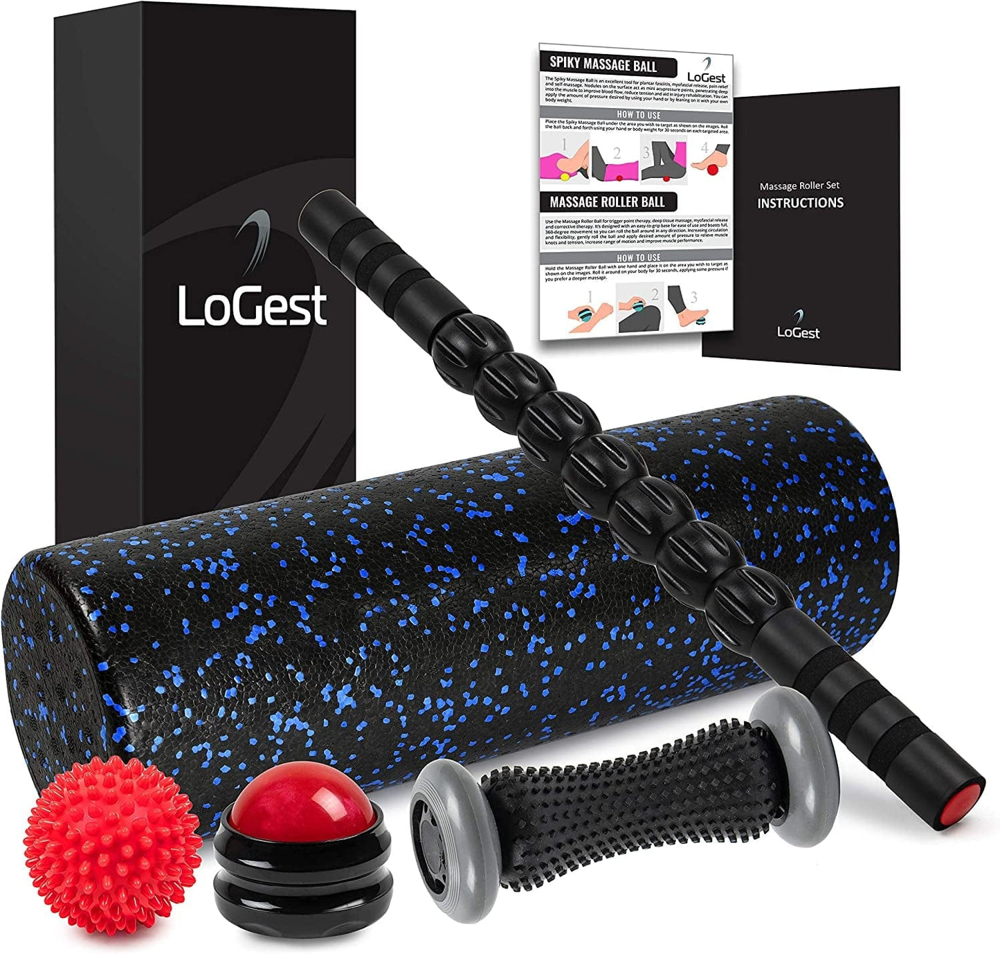 Foam Roller Set 18" Foam Back Roller, 18" Massage Stick, Foot Roller, Spiky Massage Ball, Massage Roller Ball, for Pain Tightness Plantar Fasciitis Relief Deep Tissue Massage Home Gym Muscle Roller