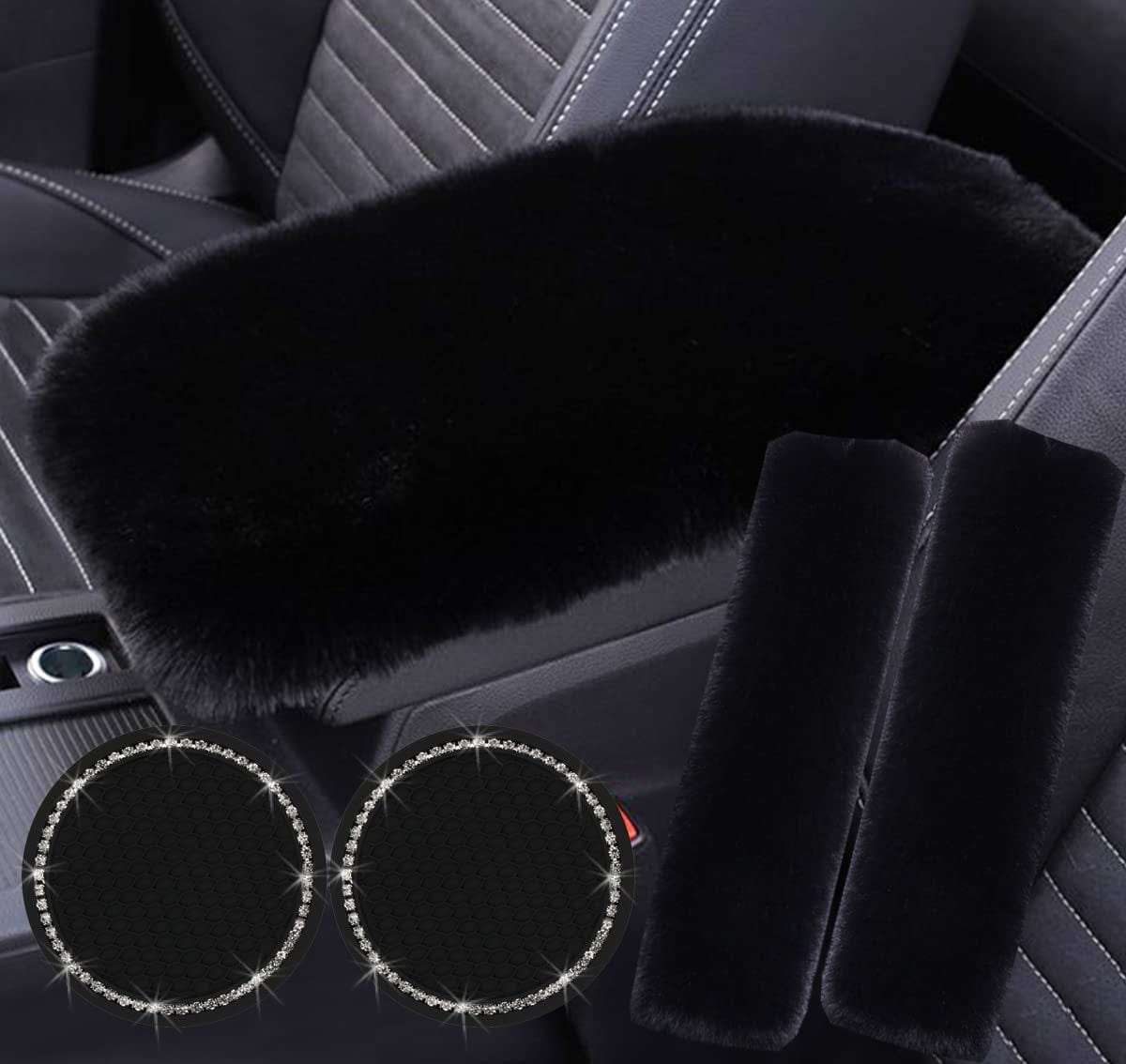 Forala Auto Center Console Pad Furry Sheepskin Wool Car Armrest Seat Box Cover Protector Universal Fit (W-Black)