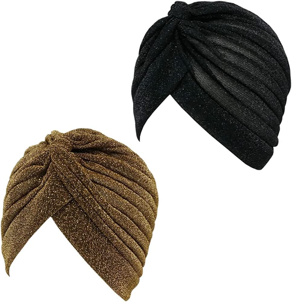 GETACOTA 3 Pieces Pleated Glitter Turban for Women Stretchy Hat Beanie African Headwrap Twist Elastic Cap Headwear Accessory