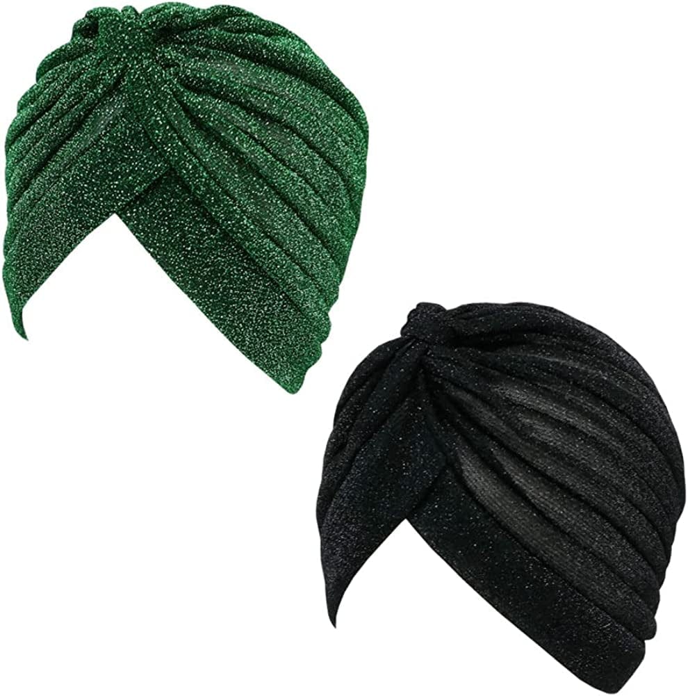 GETACOTA 3 Pieces Pleated Glitter Turban for Women Stretchy Hat Beanie African Headwrap Twist Elastic Cap Headwear Accessory