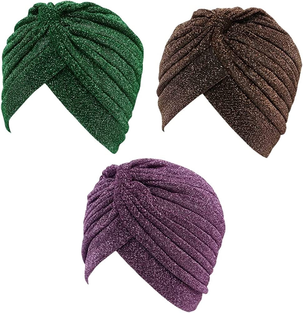 GETACOTA 3 Pieces Pleated Glitter Turban for Women Stretchy Hat Beanie African Headwrap Twist Elastic Cap Headwear Accessory