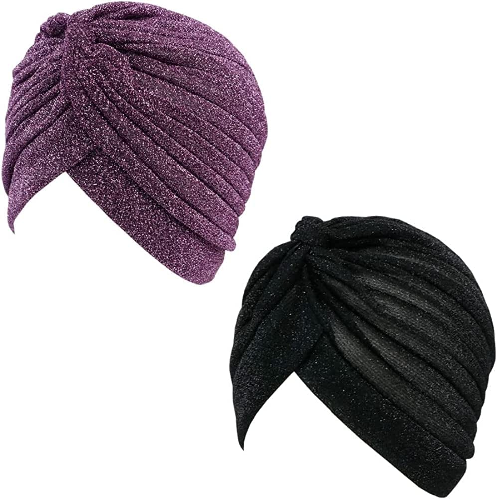 GETACOTA 3 Pieces Pleated Glitter Turban for Women Stretchy Hat Beanie African Headwrap Twist Elastic Cap Headwear Accessory