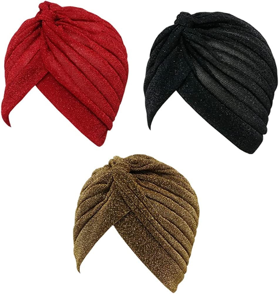 GETACOTA 3 Pieces Pleated Glitter Turban for Women Stretchy Hat Beanie African Headwrap Twist Elastic Cap Headwear Accessory