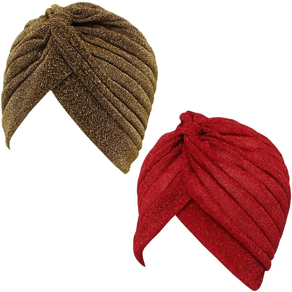 GETACOTA 3 Pieces Pleated Glitter Turban for Women Stretchy Hat Beanie African Headwrap Twist Elastic Cap Headwear Accessory