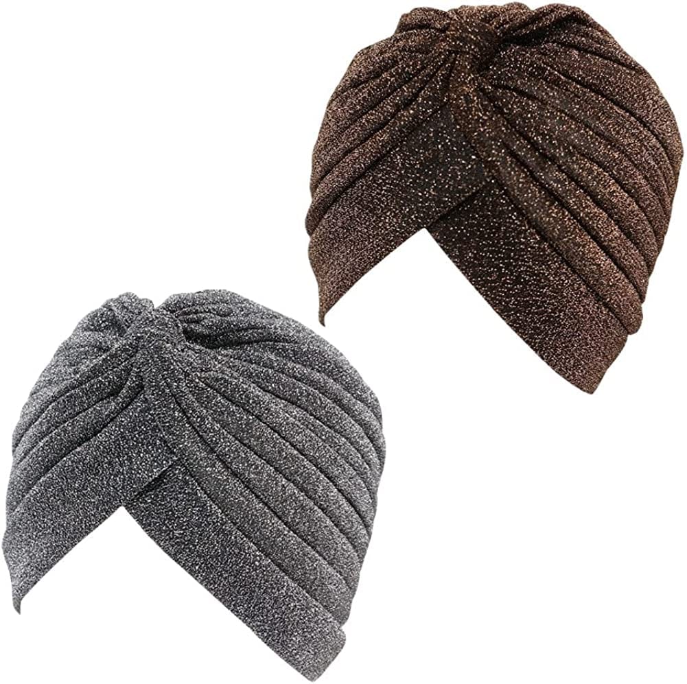 GETACOTA 3 Pieces Pleated Glitter Turban for Women Stretchy Hat Beanie African Headwrap Twist Elastic Cap Headwear Accessory