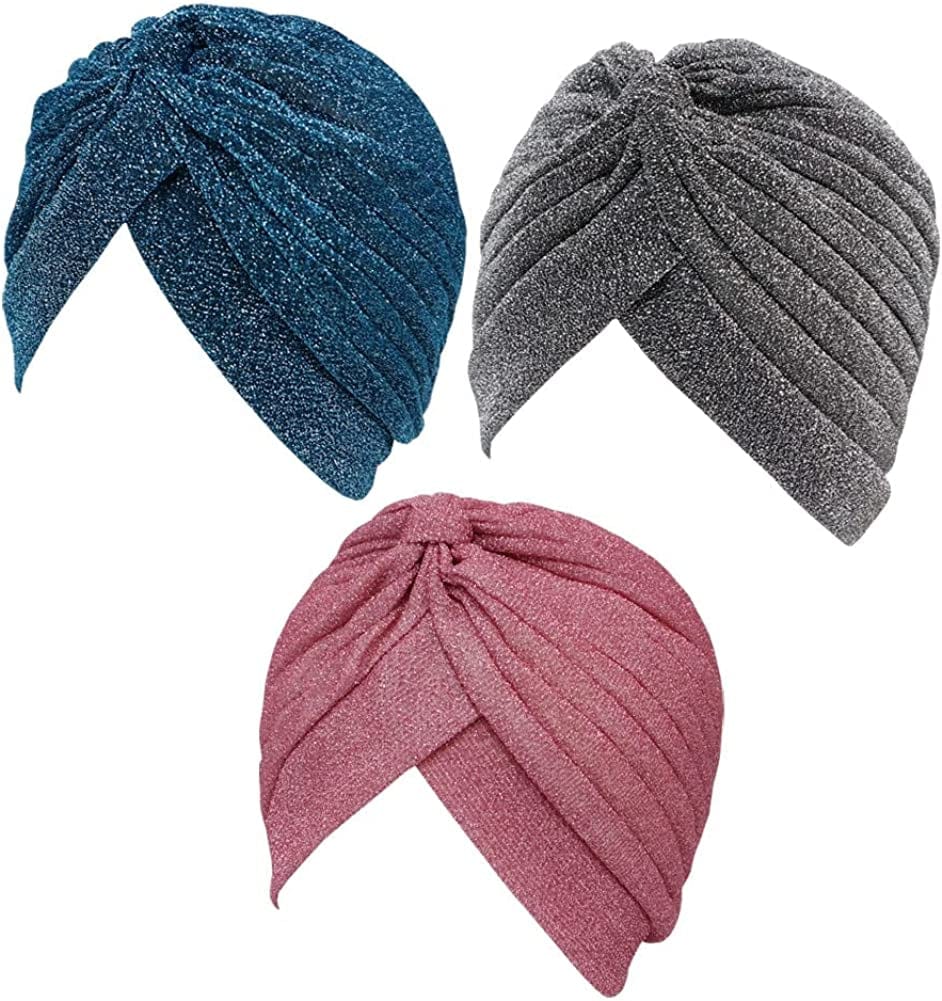 GETACOTA 3 Pieces Pleated Glitter Turban for Women Stretchy Hat Beanie African Headwrap Twist Elastic Cap Headwear Accessory