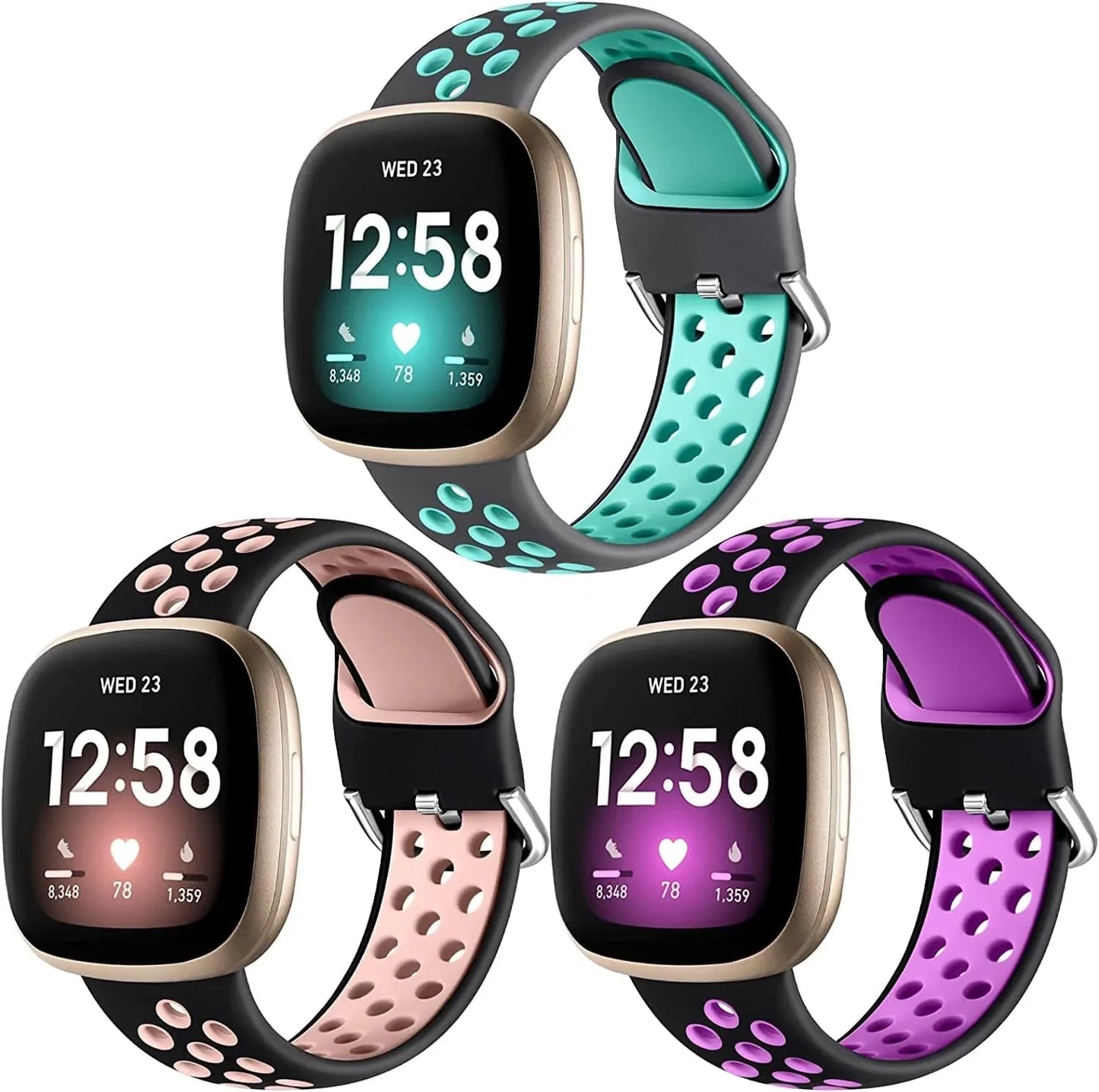 Getino Compatible with Fitbit Versa 4/ Versa 3 Bands/Sense 2/ Sense Bands Women Men, Waterproof Silicone Accessories, Sport Band for Fitbit Versa 3/ Versa 4/ Sense 2/ Sense Watch, Small 3Pack-4