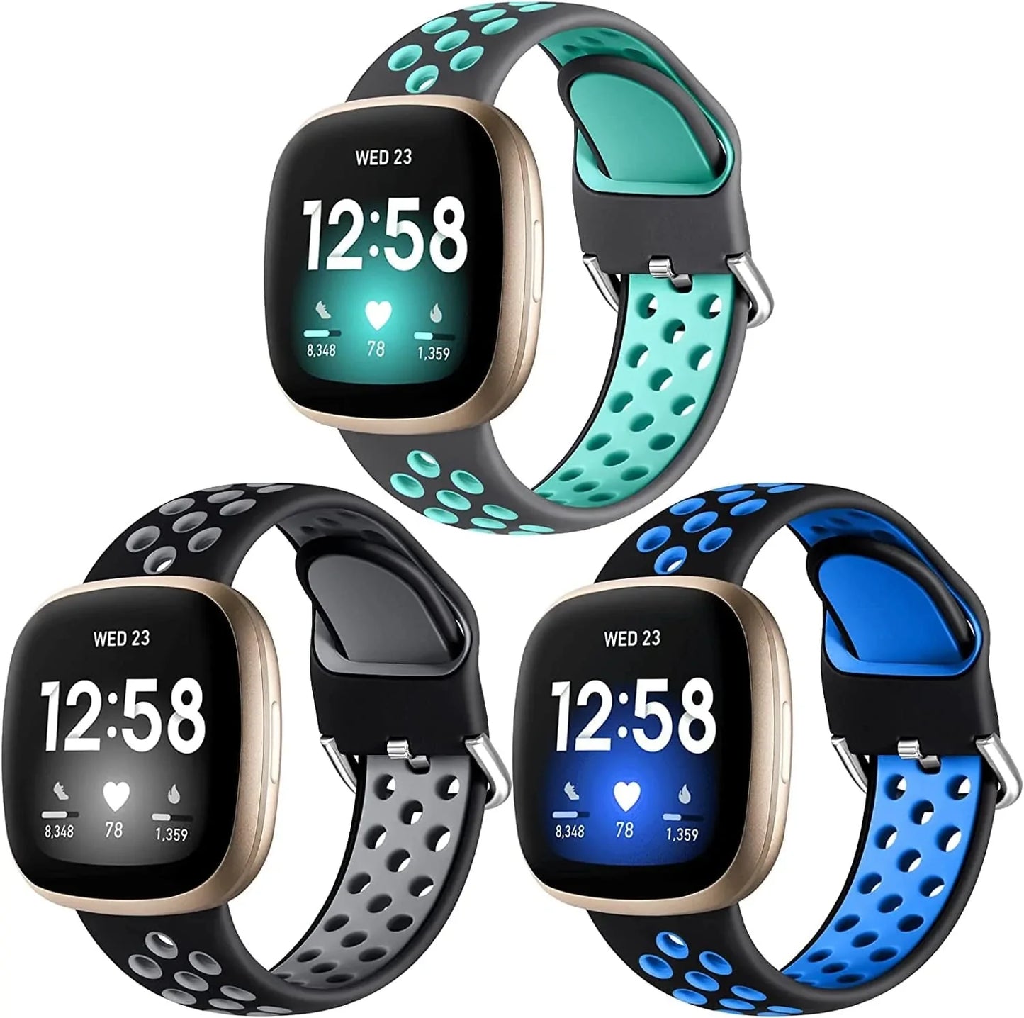 Getino Compatible with Fitbit Versa 4/ Versa 3 Bands/Sense 2/ Sense Bands Women Men, Waterproof Silicone Accessories, Sport Band for Fitbit Versa 3/ Versa 4/ Sense 2/ Sense Watch, Small 3Pack-4