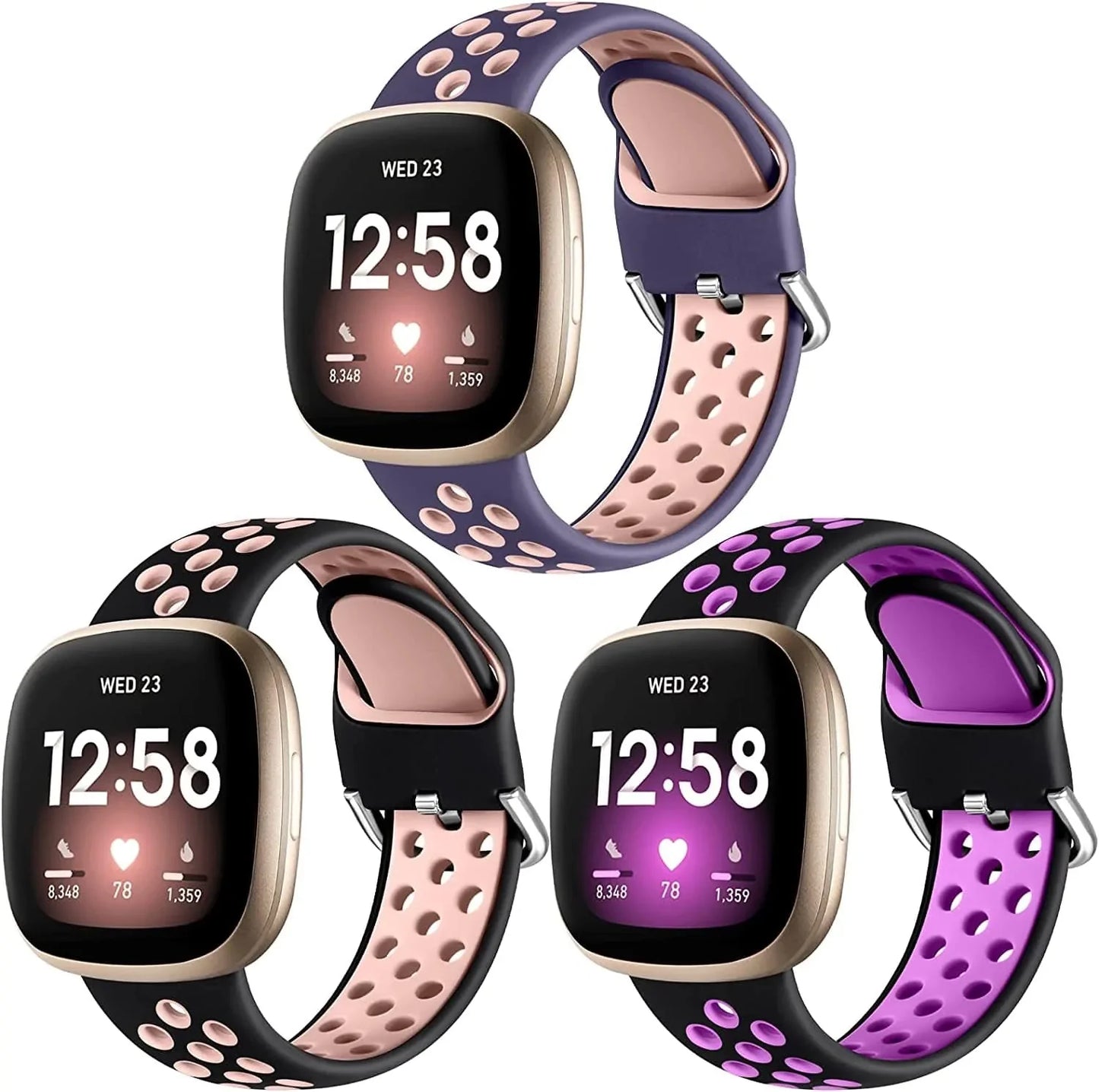 Getino Compatible with Fitbit Versa 4/ Versa 3 Bands/Sense 2/ Sense Bands Women Men, Waterproof Silicone Accessories, Sport Band for Fitbit Versa 3/ Versa 4/ Sense 2/ Sense Watch, Small 3Pack-4