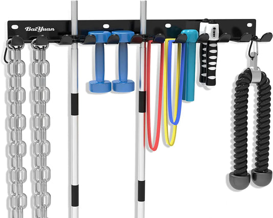 Home Gym Storage Rack - 12 Hook Heavy-Duty Gym Rack Organizer, Multi-Purpose Workout Gear Wall Mount Hanger, for Barbell Storage, Resistance Bands, Jump Ropes, Chains and Weightlifting Belts