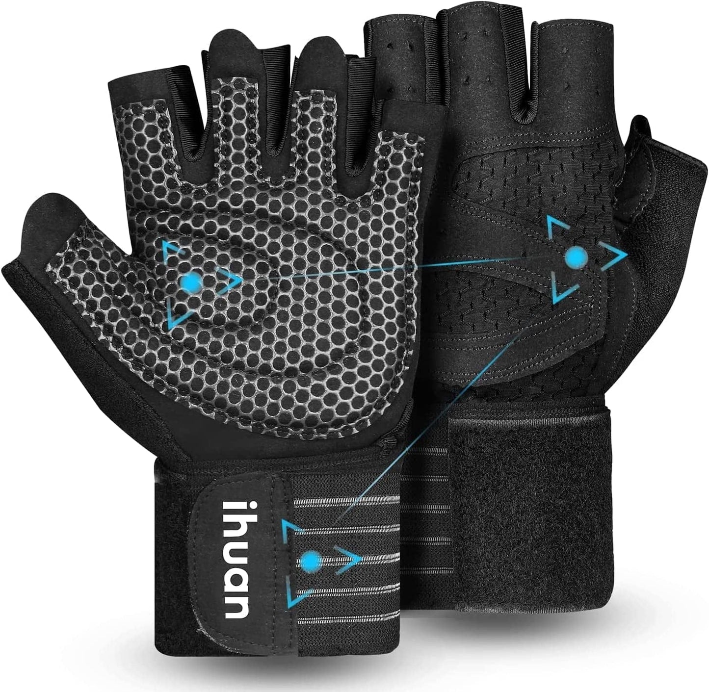 Ihuan Ventilated Weight Lifting Gym Workout Gloves with Wrist Wrap Support for Men & Women, Full Palm Protection, for Weightlifting, Training, Fitness, Hanging, Pull Ups