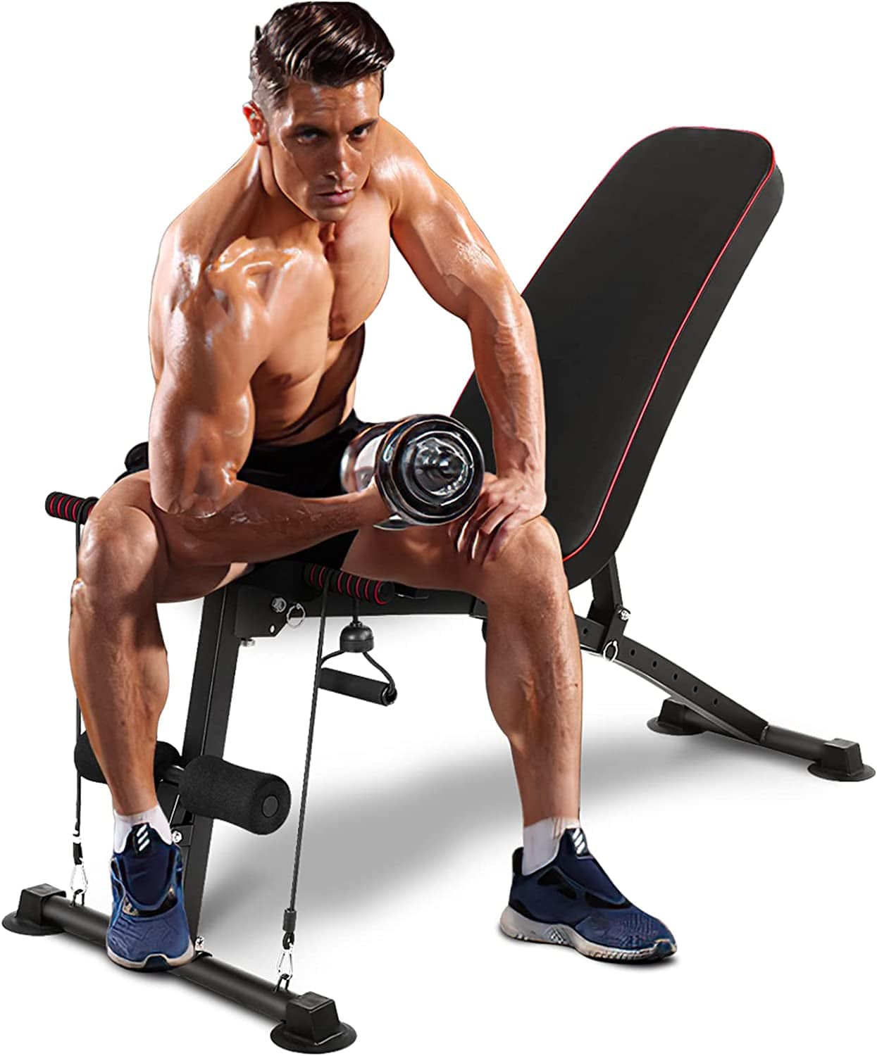 Increkid Adjustable Weight Bench, Multi-Function Workout Bench, Home Gym Full-Body Folding Exercise Bench W/2 Resistance Ropes, Weight Lifting Bench Press Incline Decline, Max 700Lbs