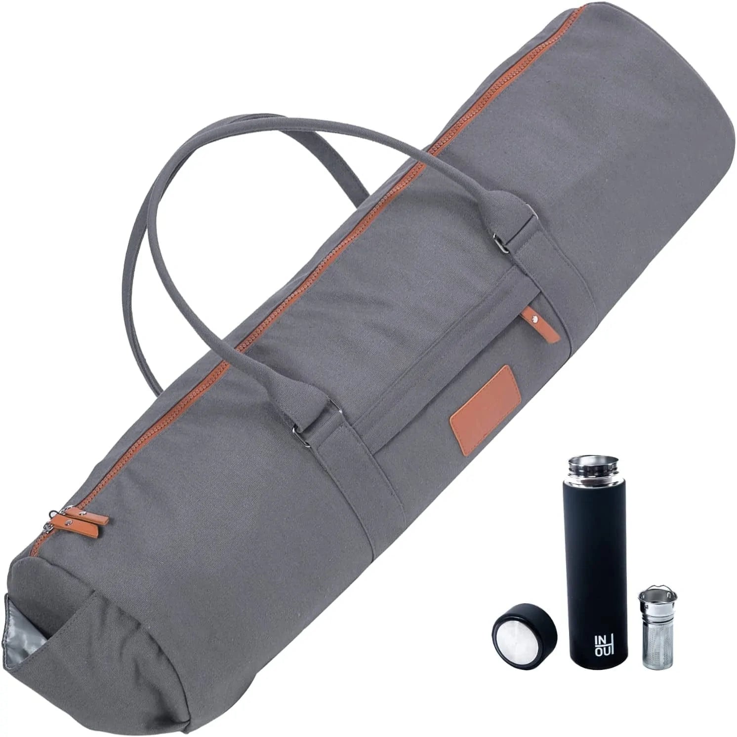 Inout Yoga Mat Carrier - Yoga Bag for 24 Inches Width and 1/4 or 1/3 Inches Thick Mat + 15 Oz Reusable Coffee / Tea Tumbler! Double Zipper and outside Pockets CARRY BAG, for Yoga Accessories!