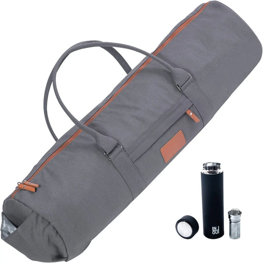 Inout Yoga Mat Carrier - Yoga Bag for 24 Inches Width and 1/4 or 1/3 Inches Thick Mat + 15 Oz Reusable Coffee / Tea Tumbler! Double Zipper and outside Pockets CARRY BAG, for Yoga Accessories!