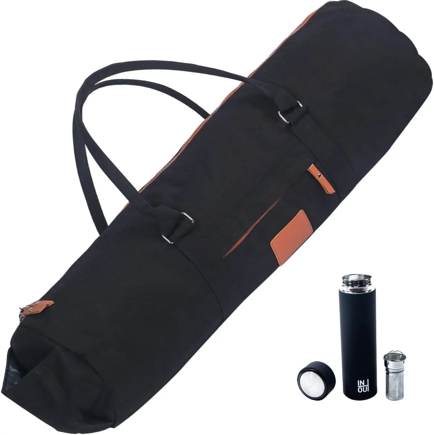 Inout Yoga Mat Carrier - Yoga Bag for 24 Inches Width and 1/4 or 1/3 Inches Thick Mat + 15 Oz Reusable Coffee / Tea Tumbler! Double Zipper and outside Pockets CARRY BAG, for Yoga Accessories!